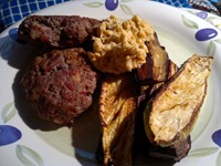 Bacon burgers, courgettes, butterbean houmus