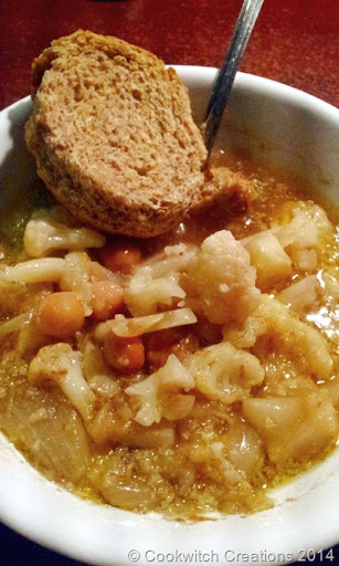 Cauliflower and chickpea soup with dakos